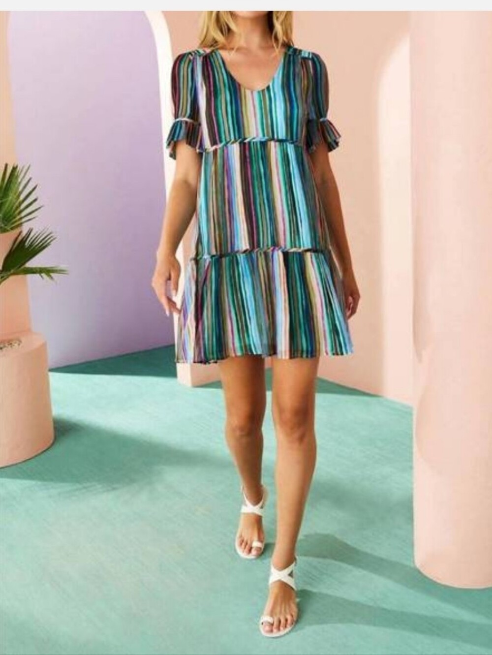 Marie Oliver, Vanessa Tiered Silk Blend Dress, Summer Stripe, Size Small